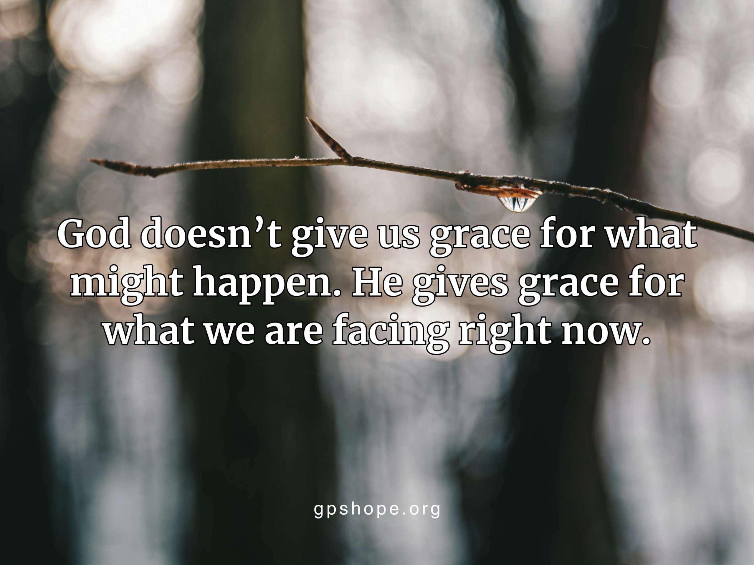 Close-up of a thin bare tree branch with a single water droplet, set against a softly blurred light forest background. Overlaid text reads: 'God doesn't give us grace for what might happen. He gives grace for what we are facing right now,' offering gentle encouragement for grieving parents trusting God after a child’s suicide. Website gpshope.org visible at the bottom. GPS Hope – Grieving Parents Sharing HOPE.